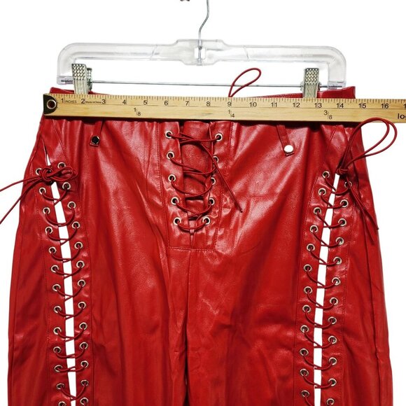 Red Lace-Up Womens Faux Leather Pants With Grommet Details & Flared Legs Size L - Picture 5 of 9